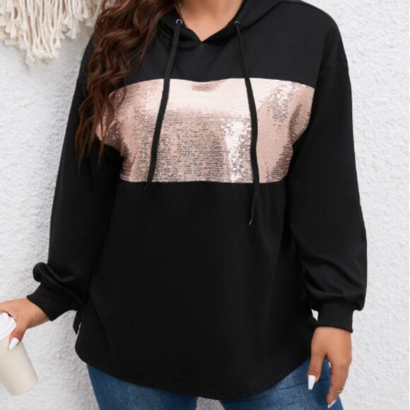 SHEIN - Curve | 2XL | Contrast Gold Sequin Drop Shoulder Drawstring Black Hoodie - Picture 1 of 16